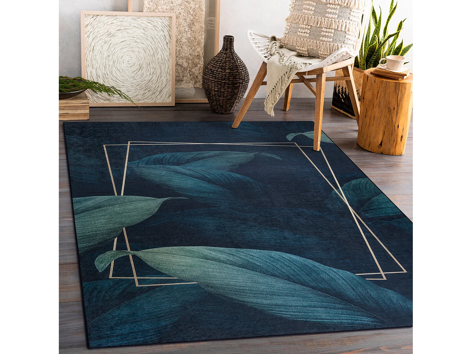 Tapis lavable ANDRE 1170 Feuilles, géométrique antidérapant - bleu 120x170 cm