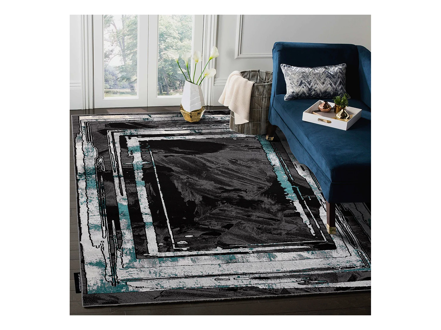 Tapijt DE LUXE modern 619 Frame - Structureel grijs / groen 120x170 cm