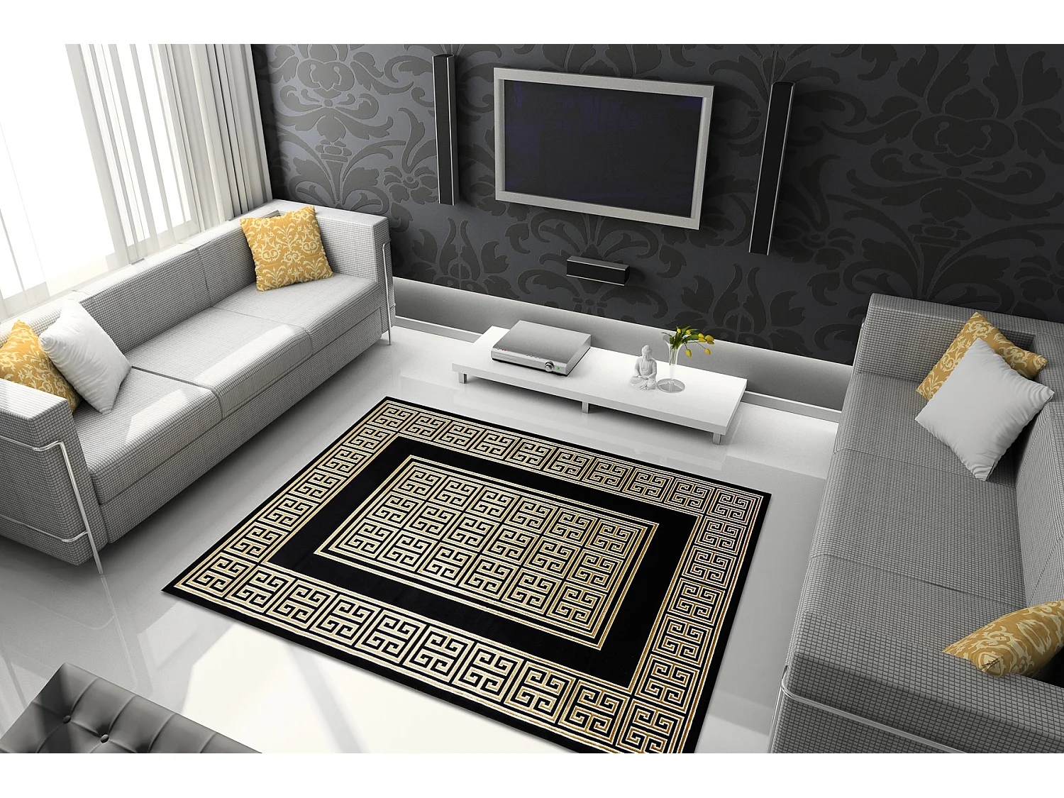 Tapijt GLOSS modern 6776 86 stijlvol, kader, Grieks sleutel zwart / go 200x290 cm