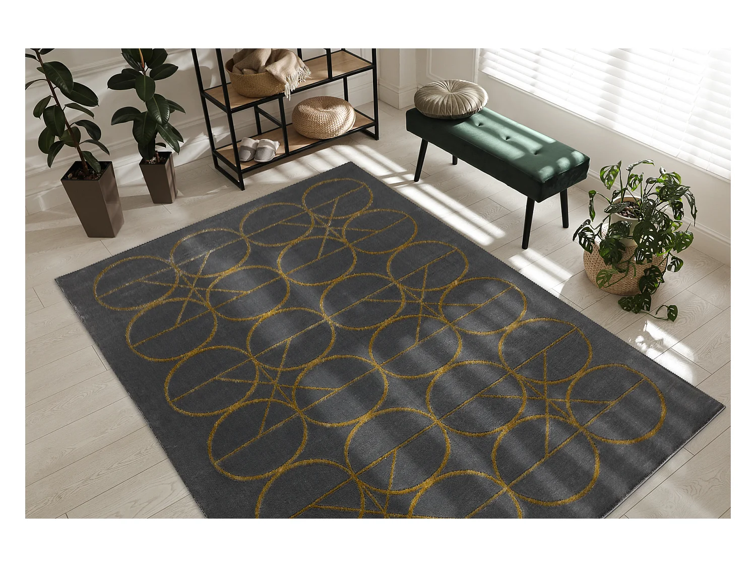 Tapis EMERALD exclusif 1010 glamour, élégant cercles gris / or 120x170 cm