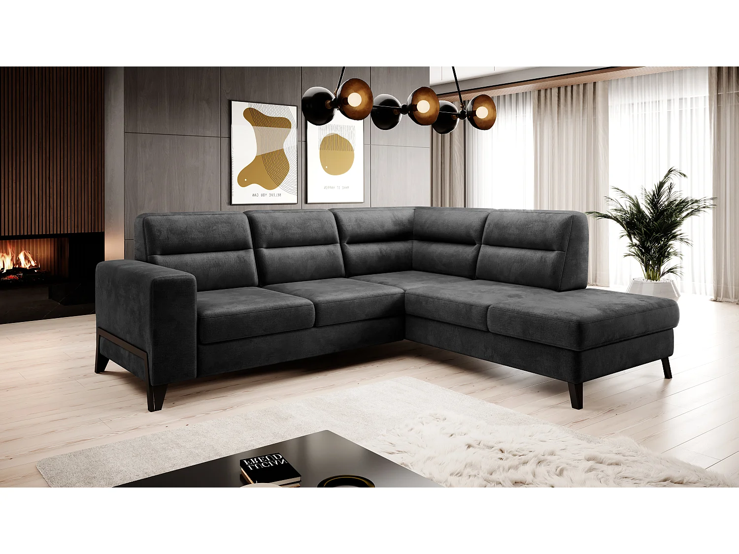 Canapé angle droit convertible tissu doux noir et pieds acier noir Kassidi 277cm