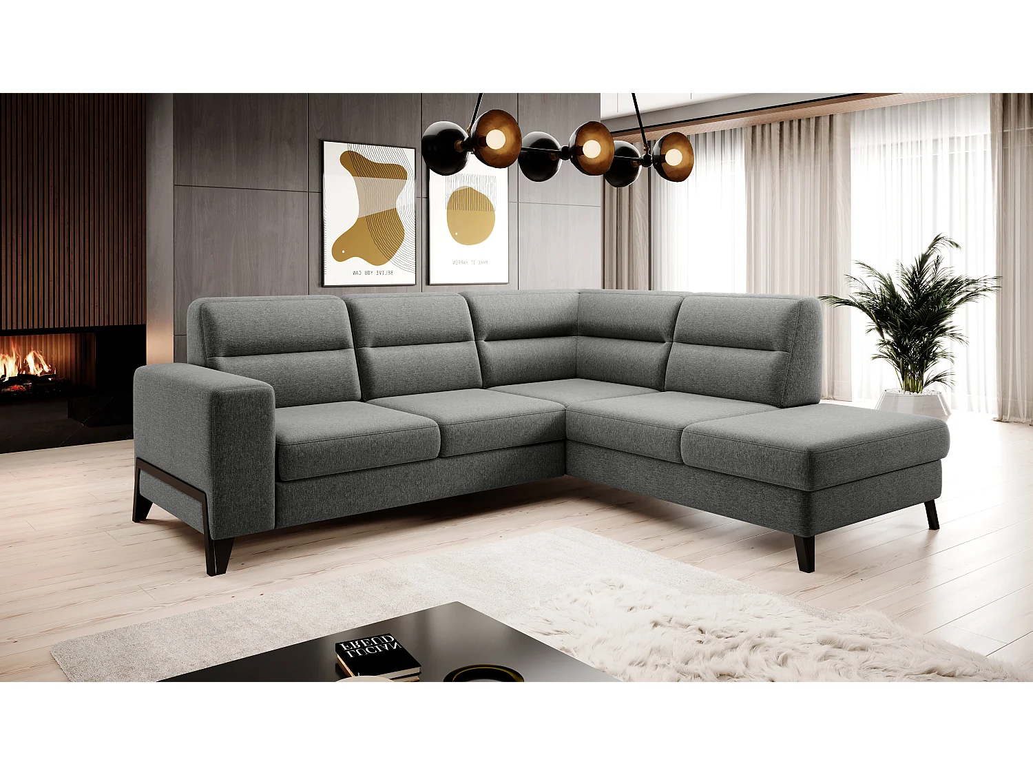 Converteerbare hoekbank rechts in lichtgrijs gevlekte stof en zwarte stalen poten Kassidi 277 cm