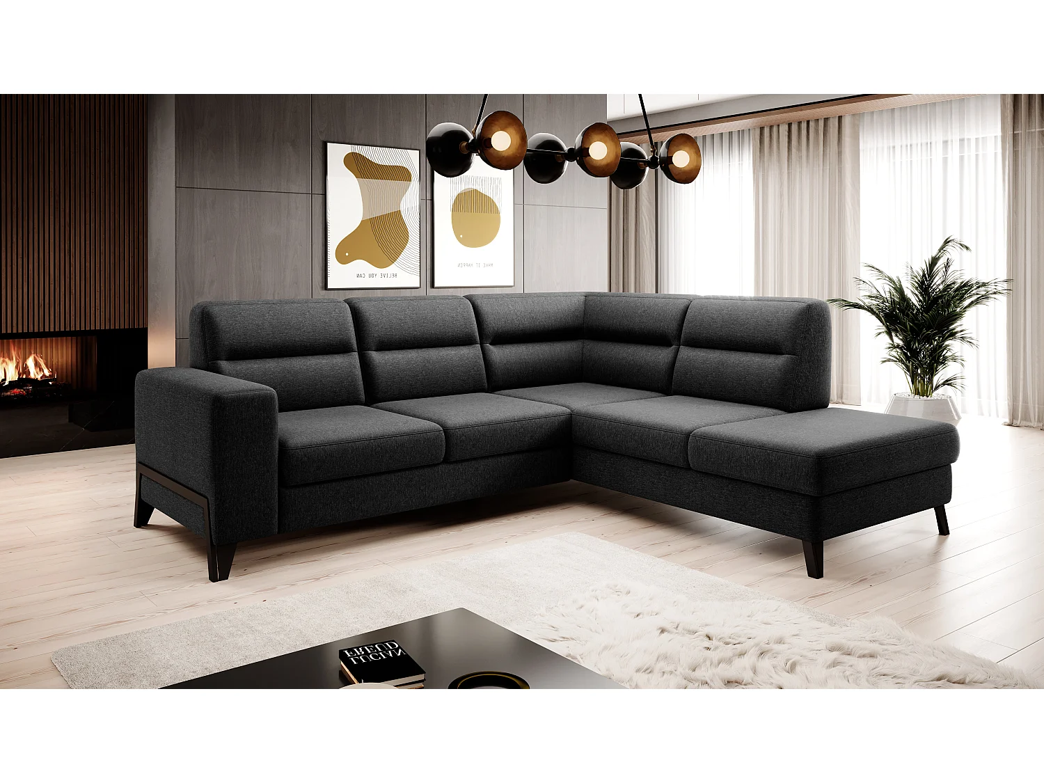 Canapé angle droit convertible tissu noir et pieds acier noir Kassidi 277cm