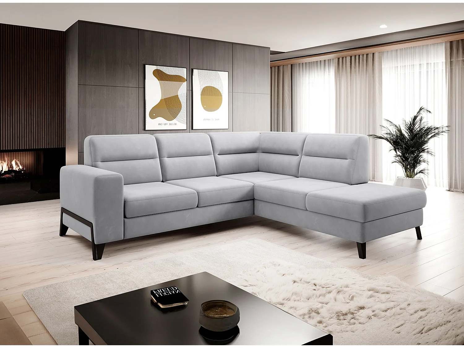 Canapé d'angle convertible tissu KAZAL - Dossiers réglables et pieds acier noir-Gris souris-angle droit