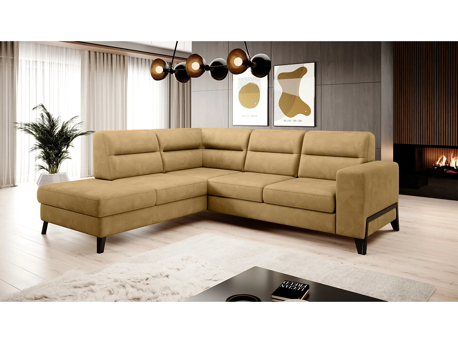 Canapé angle gauche convertible tissu jaune et pieds acier noir Kassidi 277cm