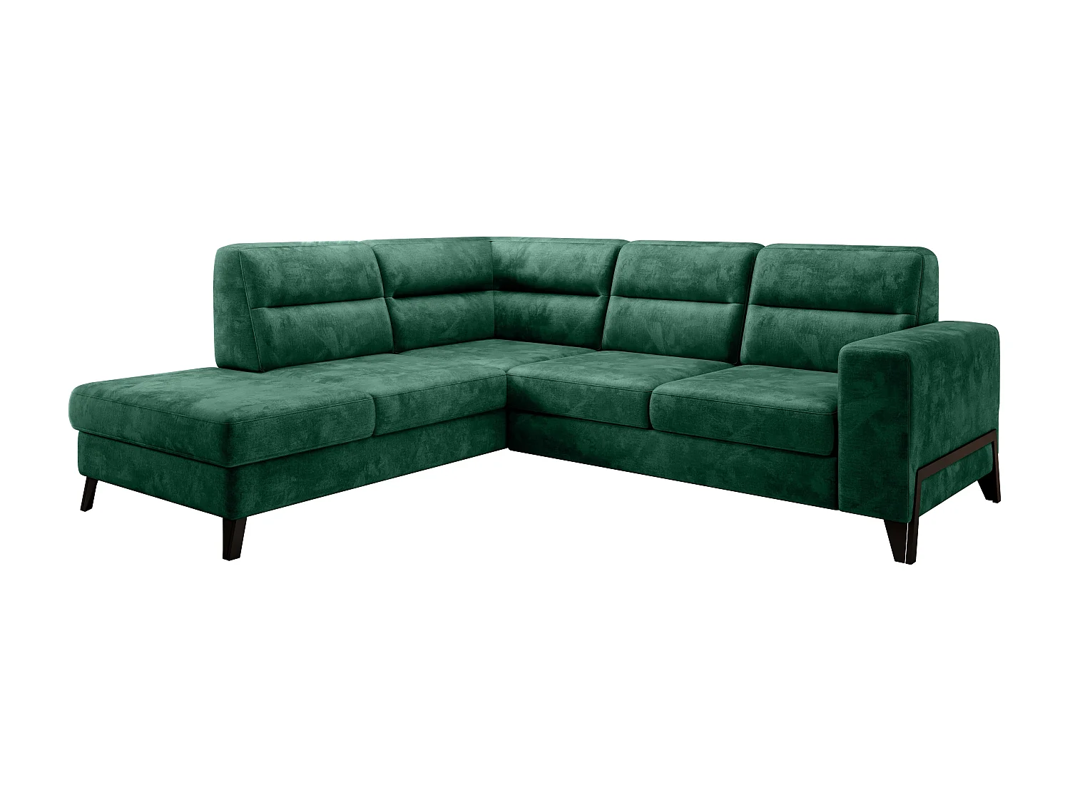 Canapé angle gauche convertible tissu doux vert et pieds acier noir Kassidi 277cm