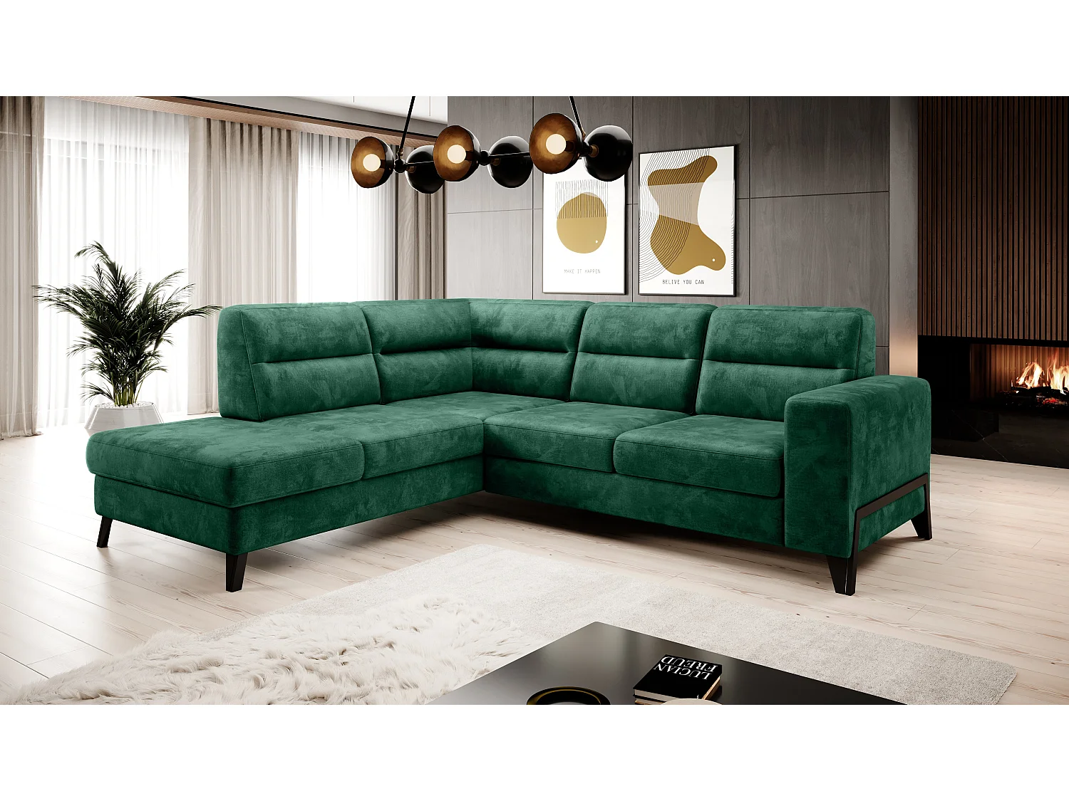 Canapé angle gauche convertible tissu doux vert et pieds acier noir Kassidi 277cm