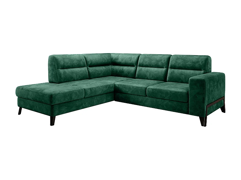 Canapé angle gauche convertible tissu doux vert et pieds acier noir Kassidi 277cm