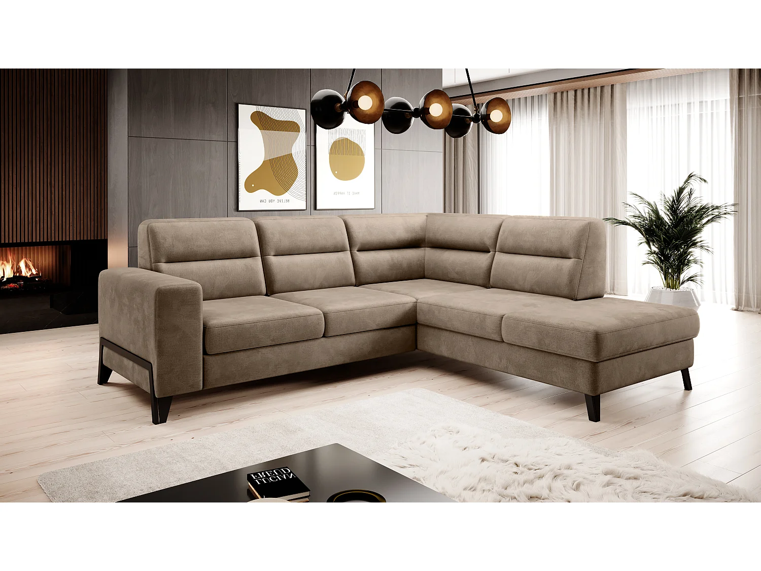 Canapé angle droit convertible tissu doux beige foncé et pieds acier noir Kassidi 277cm