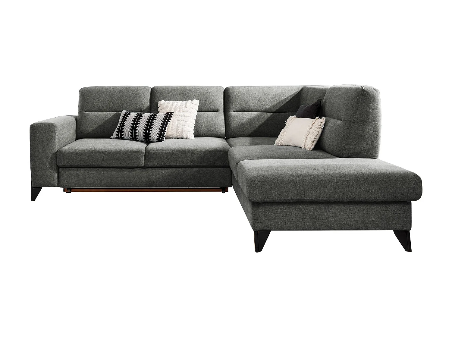 Canapé angle droit convertible tissu gris foncé et pieds acier noir Kassidi 277cm