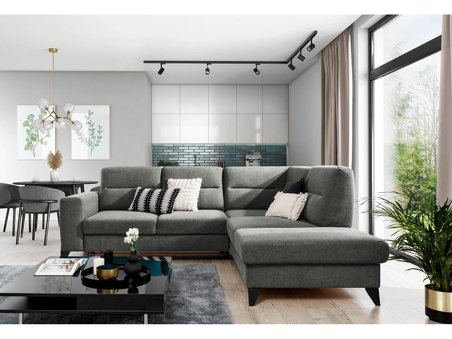 Canapé angle droit convertible tissu gris foncé et pieds acier noir Kassidi 277cm