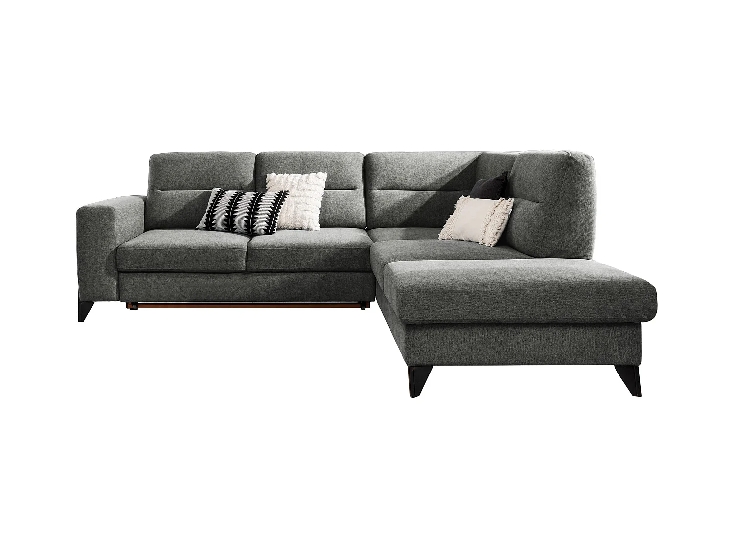 Canapé angle droit convertible tissu gris foncé et pieds acier noir Kassidi 277cm