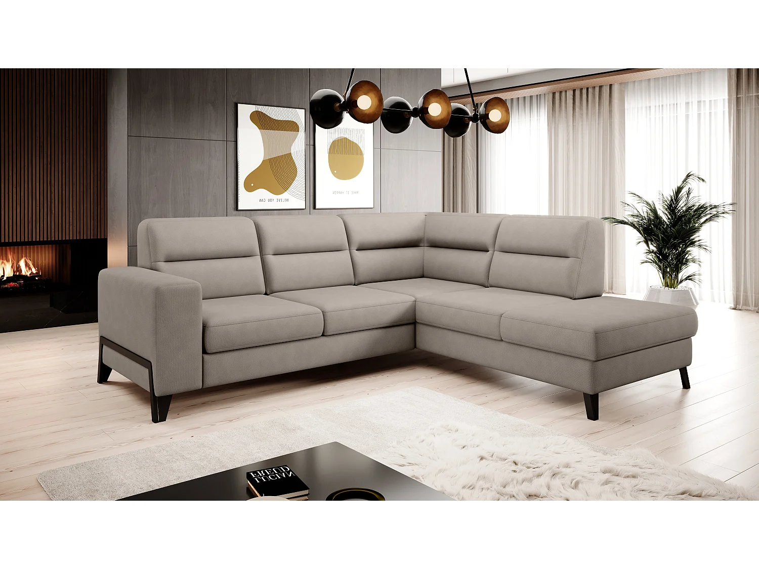 Canapé angle droit convertible tissu beige clair et pieds acier noir Kassidi 277cm