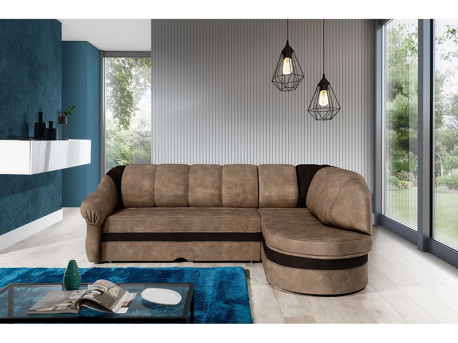 Canapé d'angle droit convertible velours marron clair et marron foncé Sundy 250cm