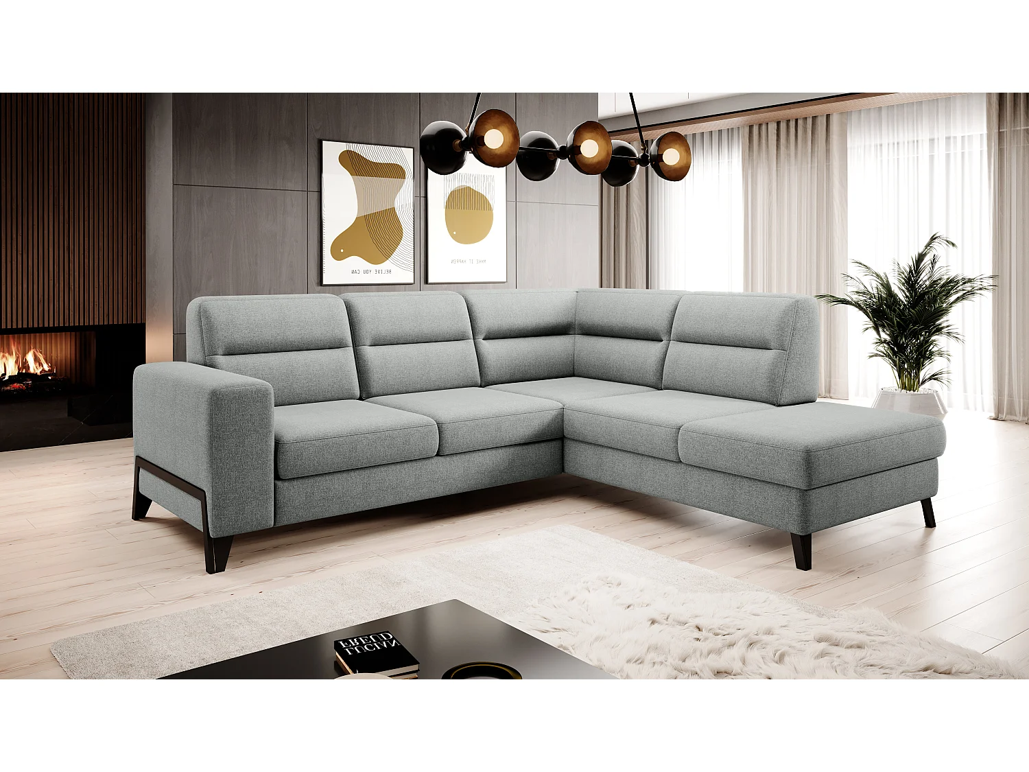 Canapé angle droit convertible velours gris et pieds acier noir Kassidi 277cm