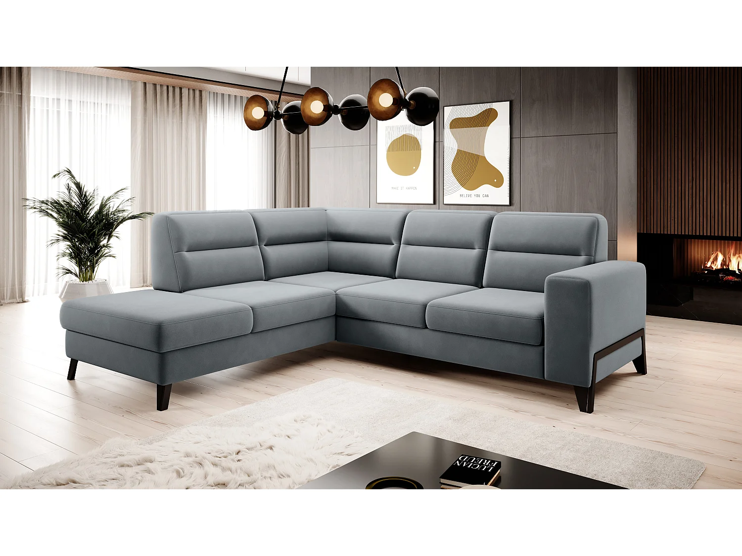 Canapé angle gauche convertible velours gris et pieds acier noir Kassidi 277cm