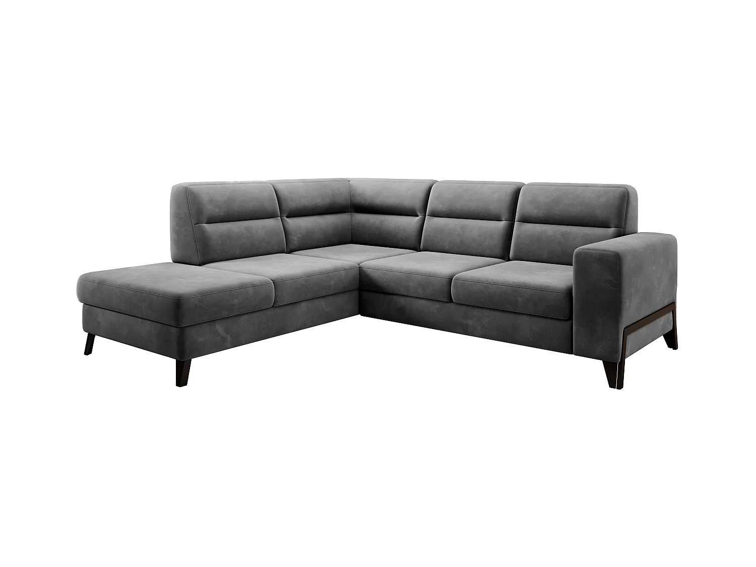 Canapé angle gauche convertible velours gris foncé et pieds acier noir Kassidi 277cm