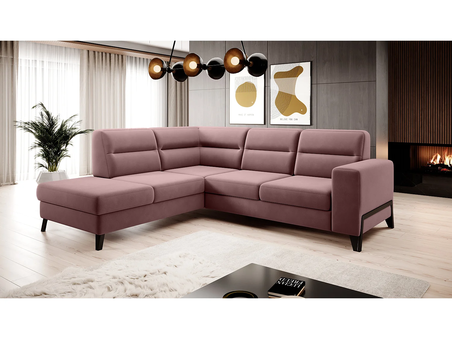 Canapé angle gauche convertible velours rose cuivré et pieds acier noir Kassidi 277cm