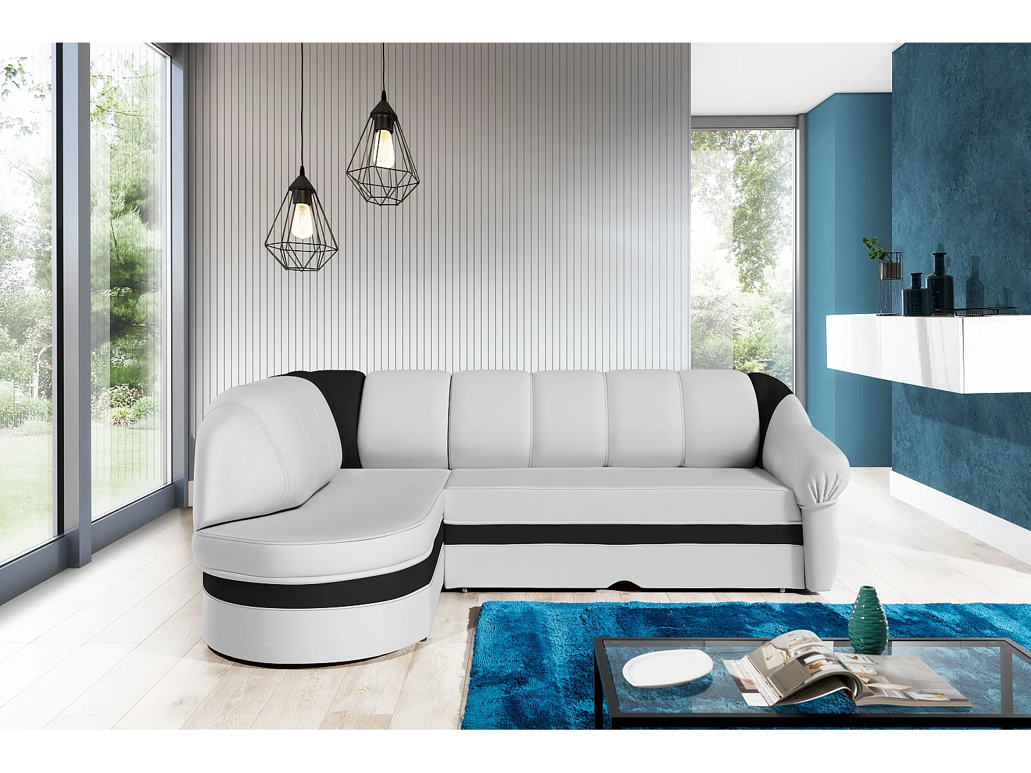 Canapé d'angle gauche convertible simili blanc et noir Sundy 250cm