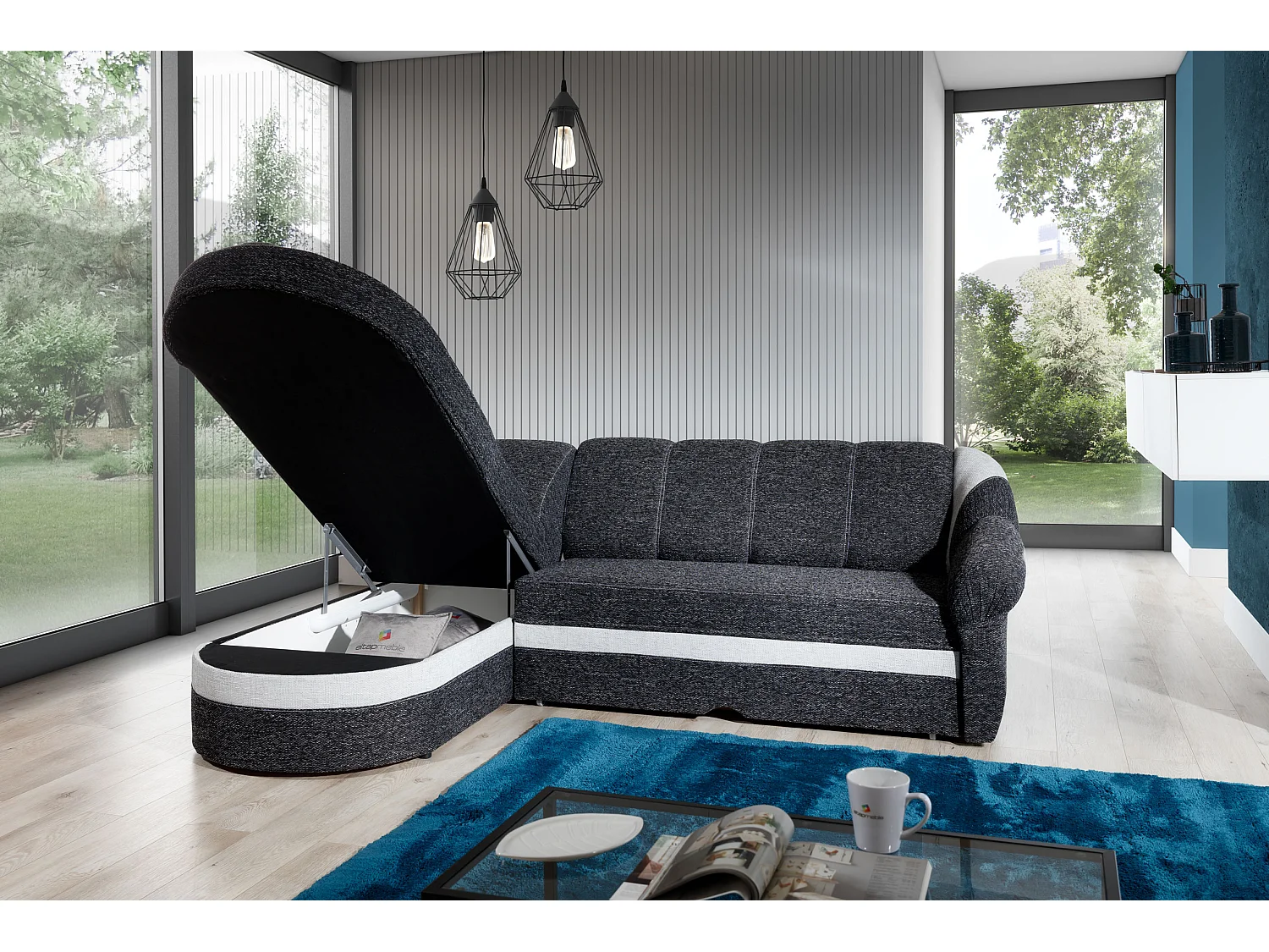 Canapé d'angle gauche convertible simili blanc et noir Sundy 250cm