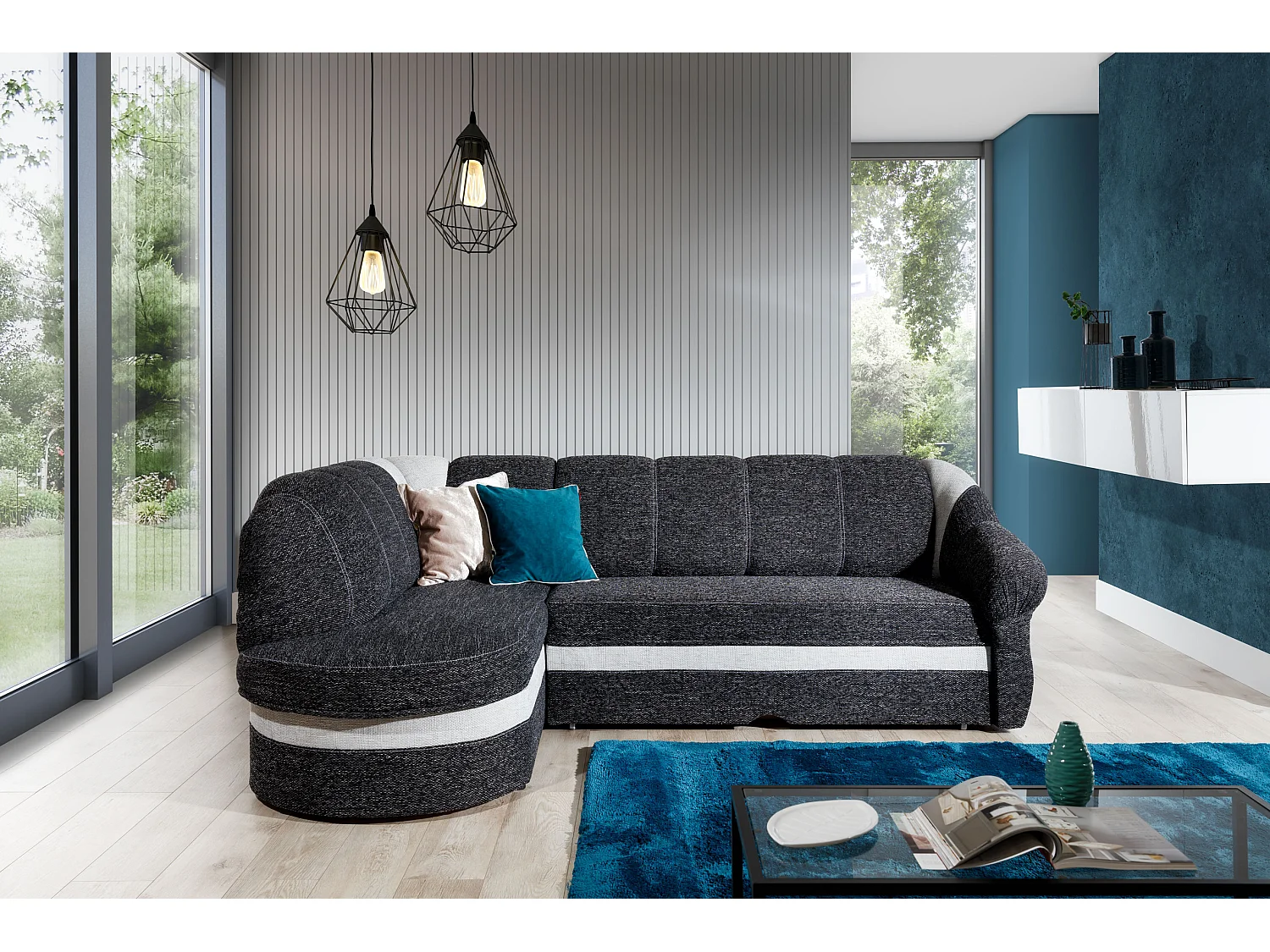 Canapé d'angle gauche convertible simili blanc et noir Sundy 250cm