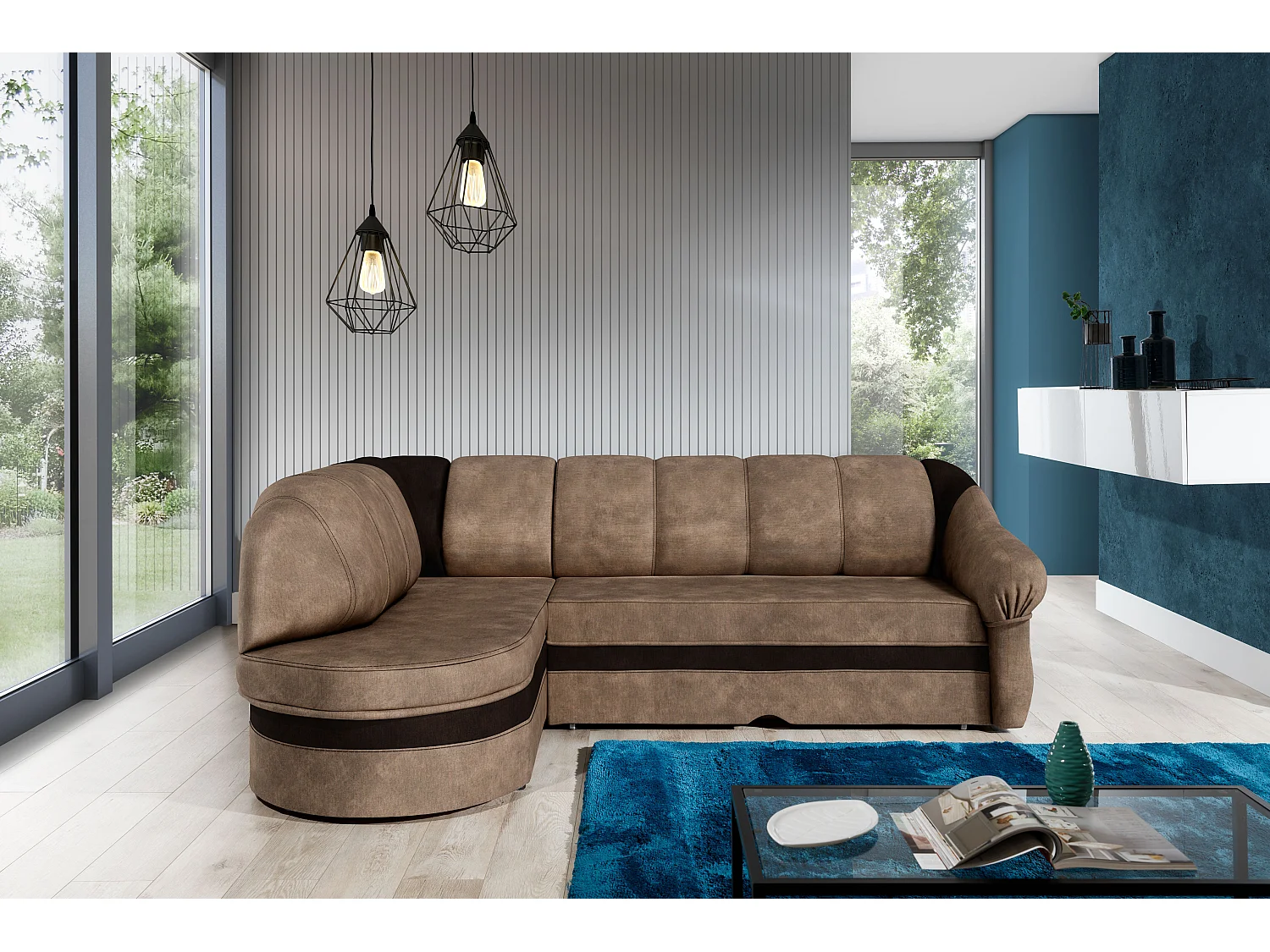 Canapé d'angle gauche convertible velours marron clair et marron foncé Sundy 250cm