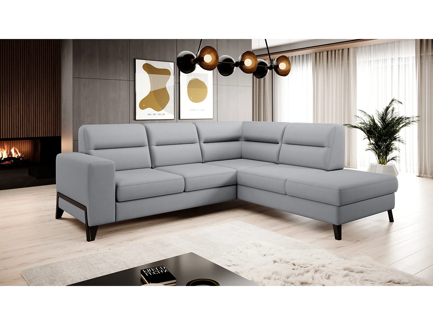 Canapé angle droit convertible tissu gris clair et pieds acier noir Kassidi 277cm