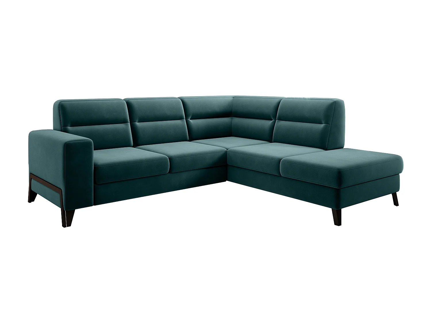 Canapé angle droit convertible velours vert bouteille et pieds acier noir Kassidi 277cm