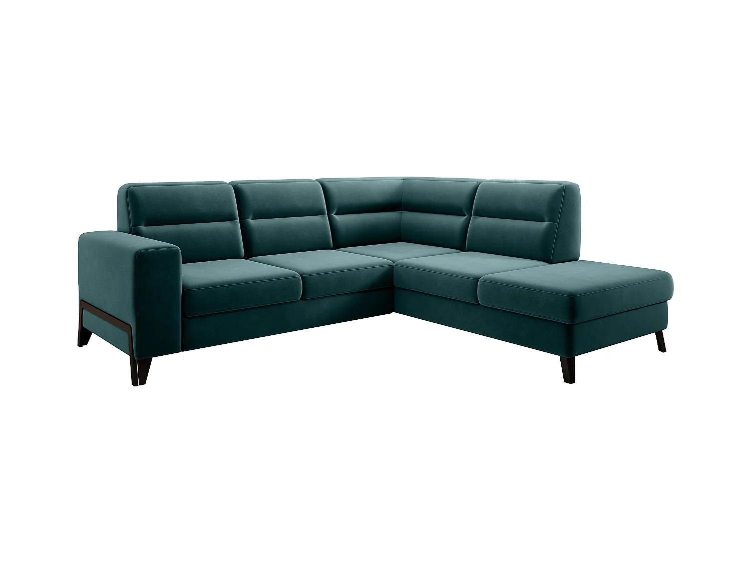 Canapé angle droit convertible velours vert bouteille et pieds acier noir Kassidi 277cm