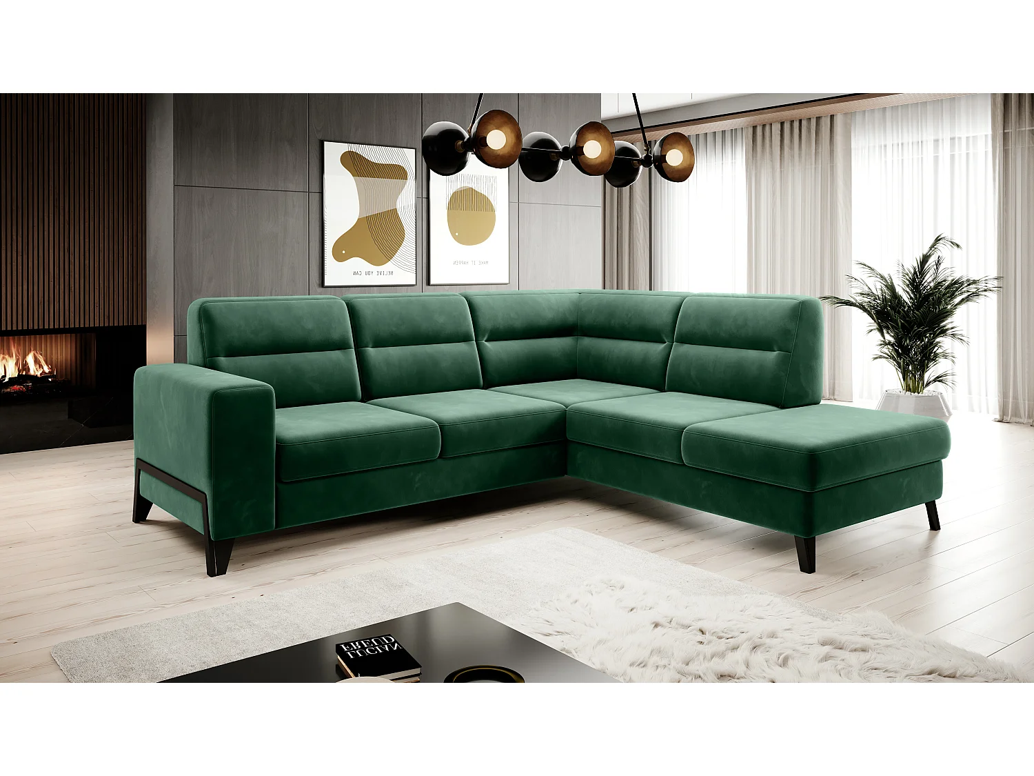 Canapé angle droit convertible tissu vert foncé et pieds acier noir Kassidi 277cm