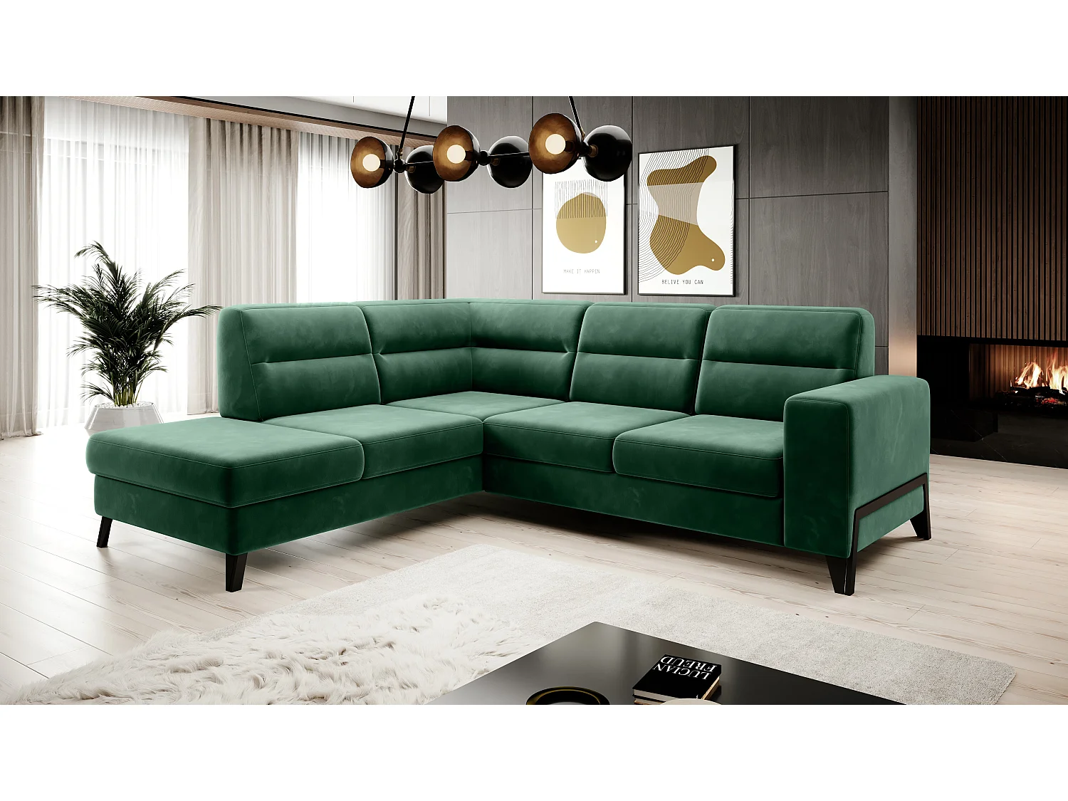 Canapé angle gauche convertible tissu vert foncé et pieds acier noir Kassidi 277cm