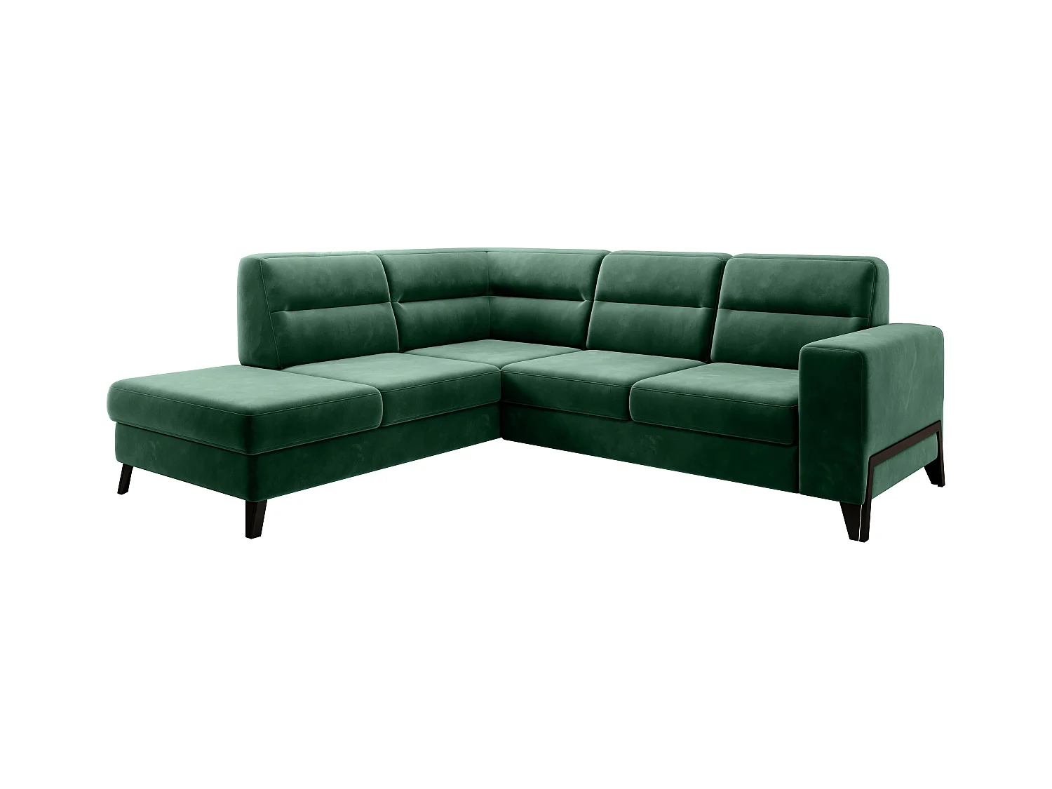 Canapé angle gauche convertible tissu vert foncé et pieds acier noir Kassidi 277cm