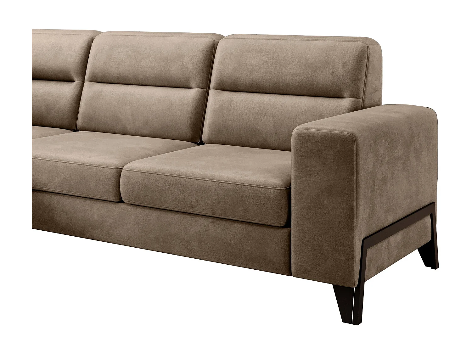 Canapé angle gauche convertible tissu doux beige foncé et pieds acier noir Kassidi 277cm