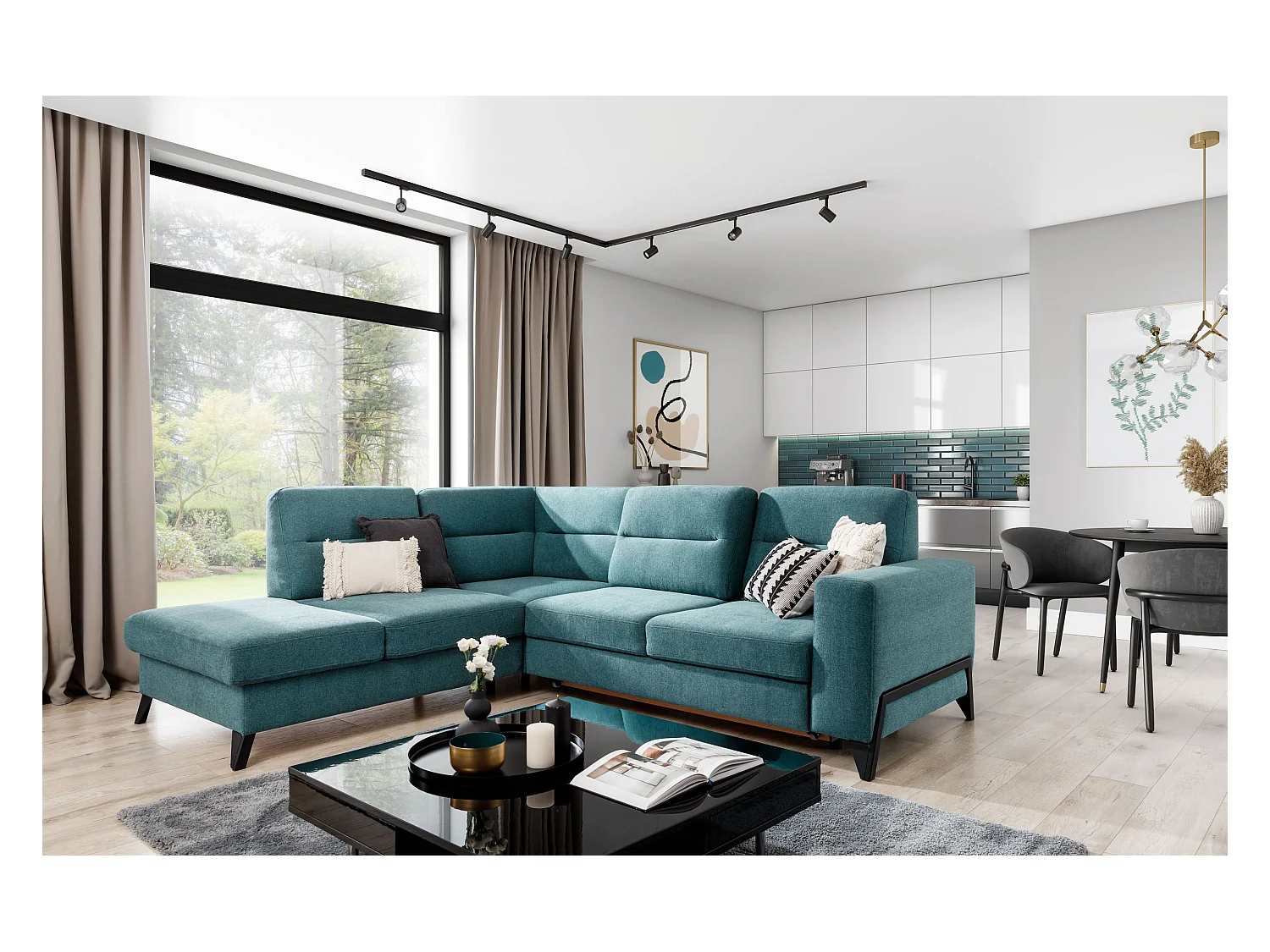 Canapé angle gauche convertible tissu doux beige foncé et pieds acier noir Kassidi 277cm