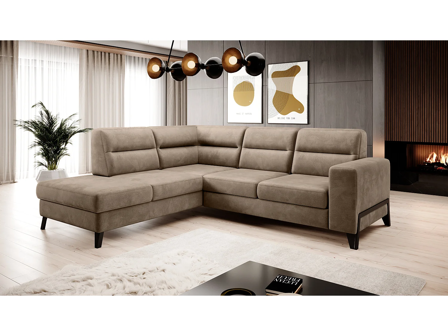 Canapé angle gauche convertible tissu doux beige foncé et pieds acier noir Kassidi 277cm