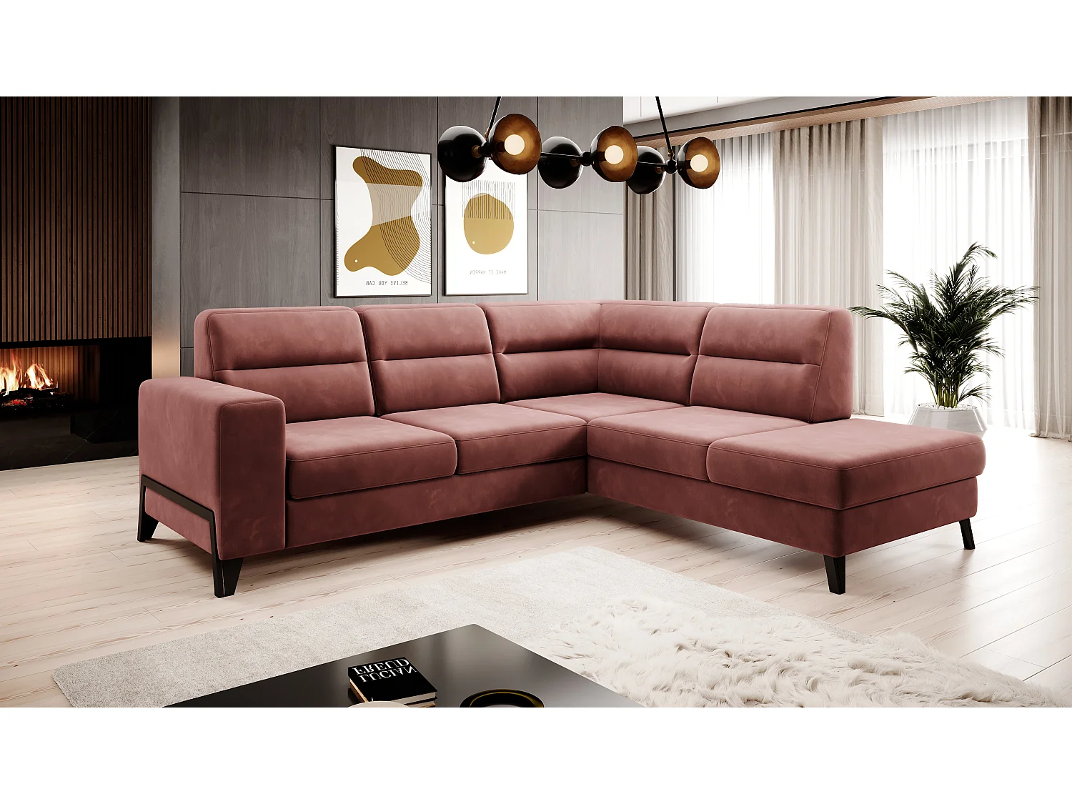 Canapé angle droit convertible tissu rouille et pieds acier noir Kassidi 277cm