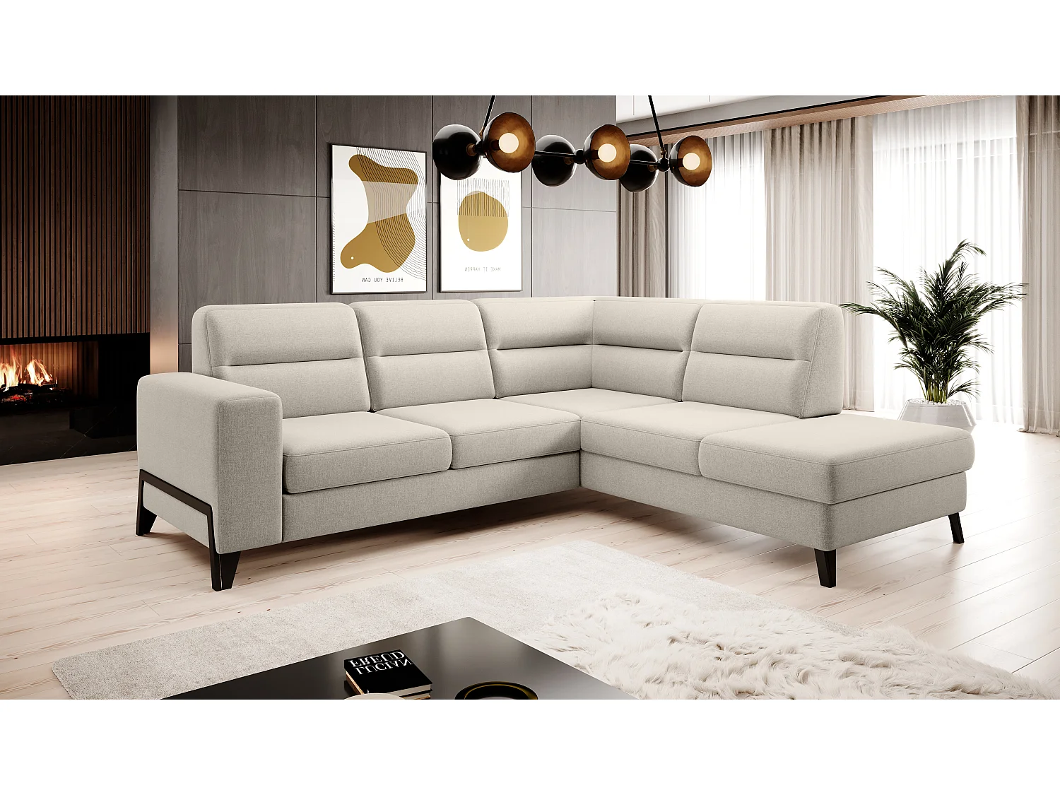 Canapé angle droit convertible tissu crème et pieds acier noir Kassidi 277cm