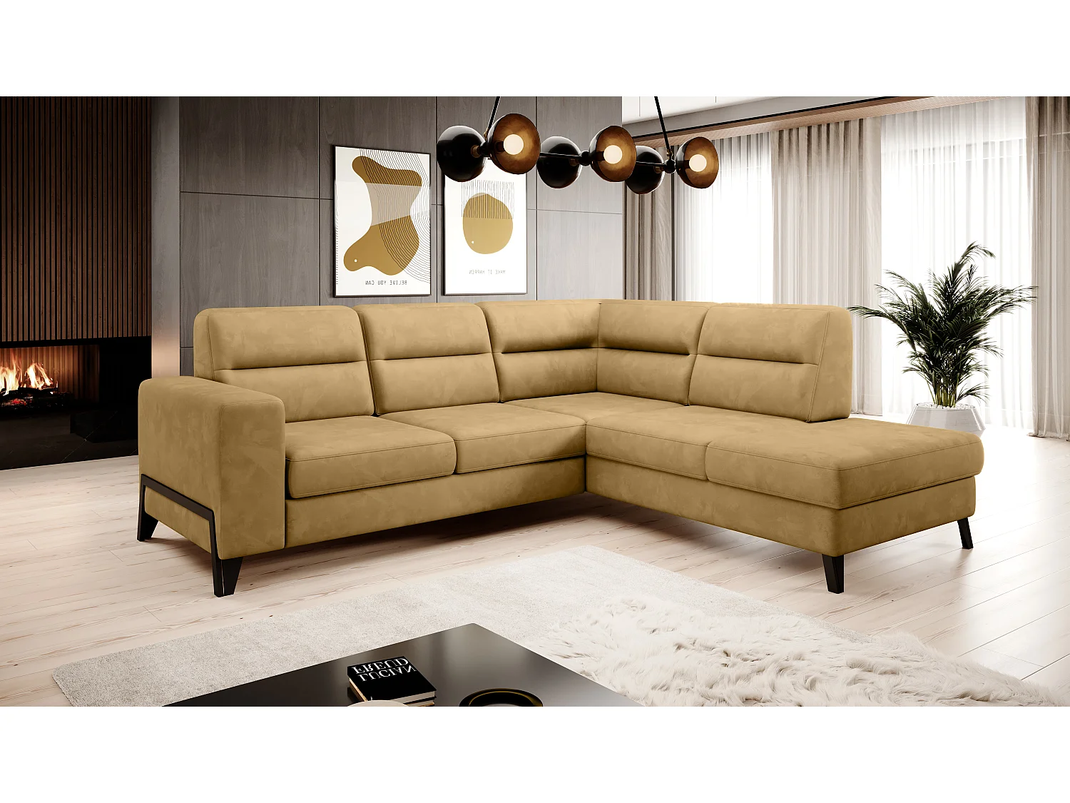 Canapé angle droit convertible tissu jaune et pieds acier noir Kassidi 277cm