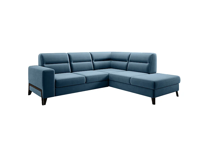 Canapé angle droit convertible tissu bleu canard et pieds acier noir Kassidi 277cm