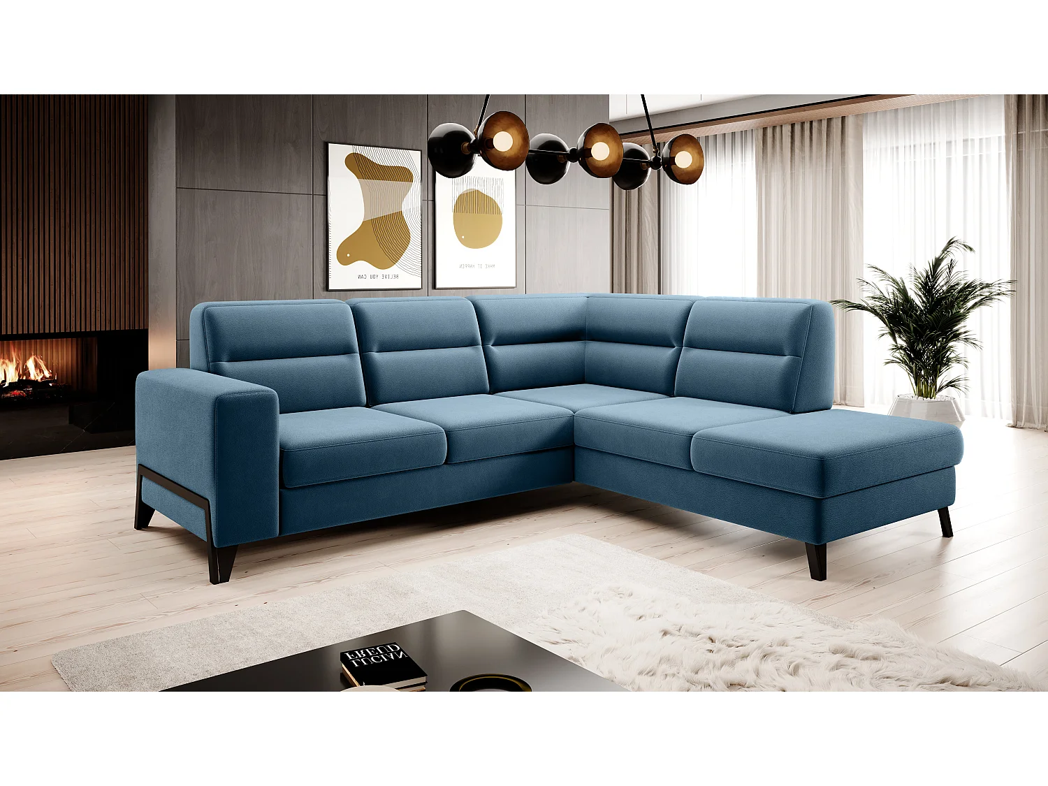 Canapé angle droit convertible tissu bleu canard et pieds acier noir Kassidi 277cm