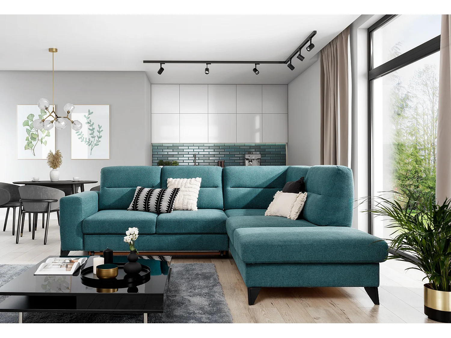 Canapé angle droit convertible tissu bleu canard et pieds acier noir Kassidi 277cm