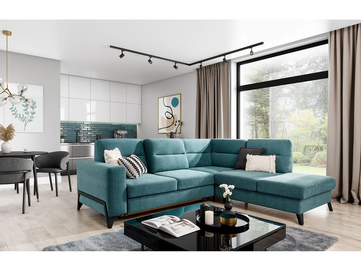 Canapé angle droit convertible tissu bleu canard et pieds acier noir Kassidi 277cm