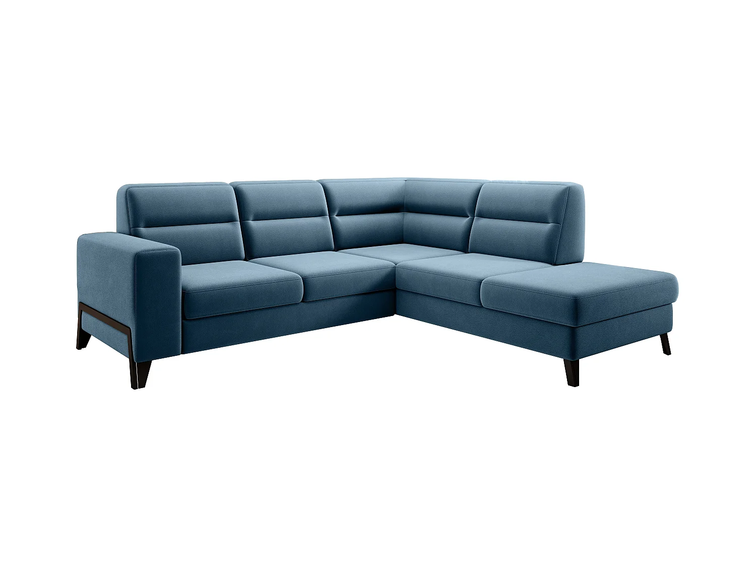 Canapé angle droit convertible tissu bleu canard et pieds acier noir Kassidi 277cm