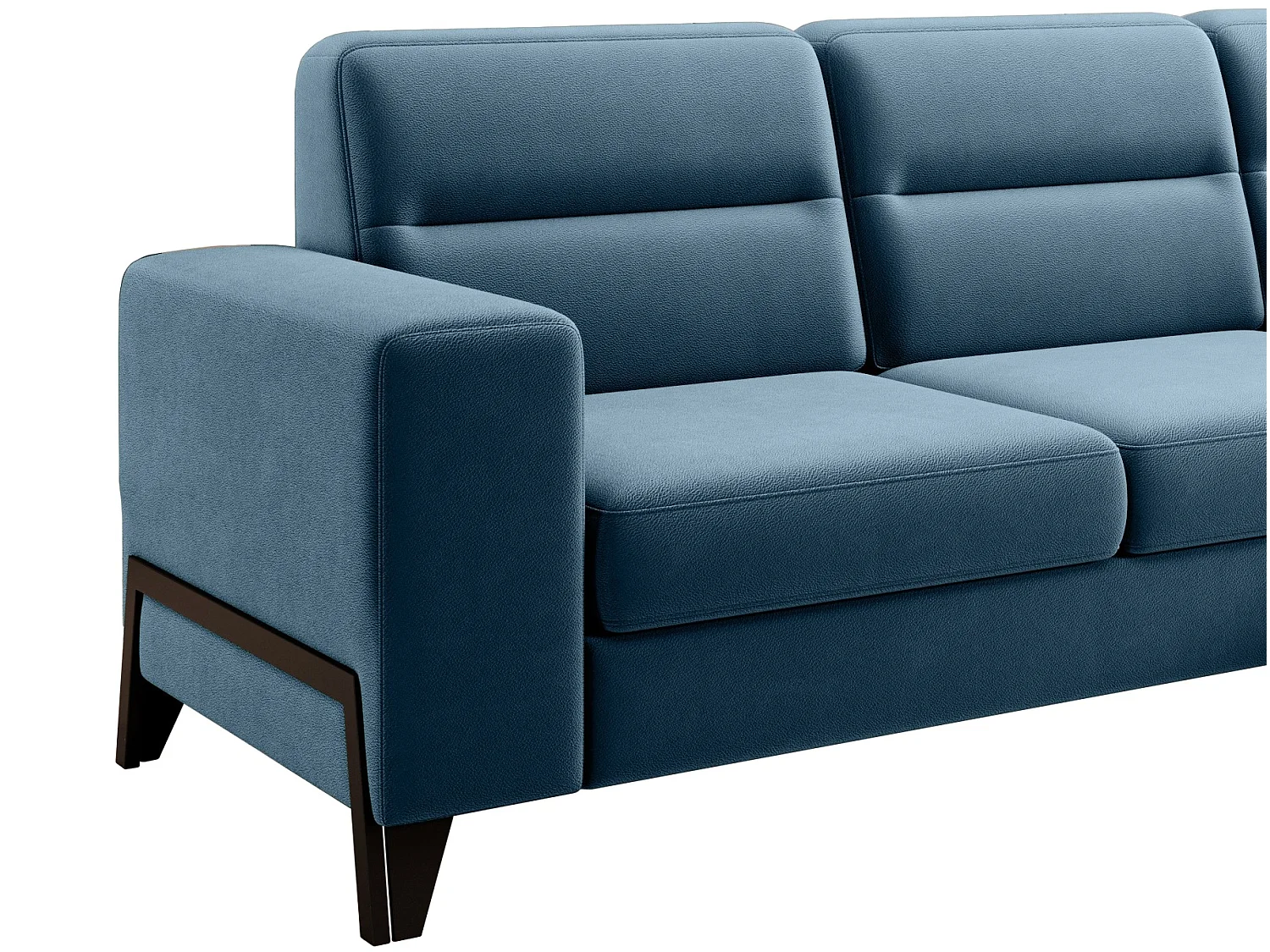 Canapé angle droit convertible tissu bleu canard et pieds acier noir Kassidi 277cm