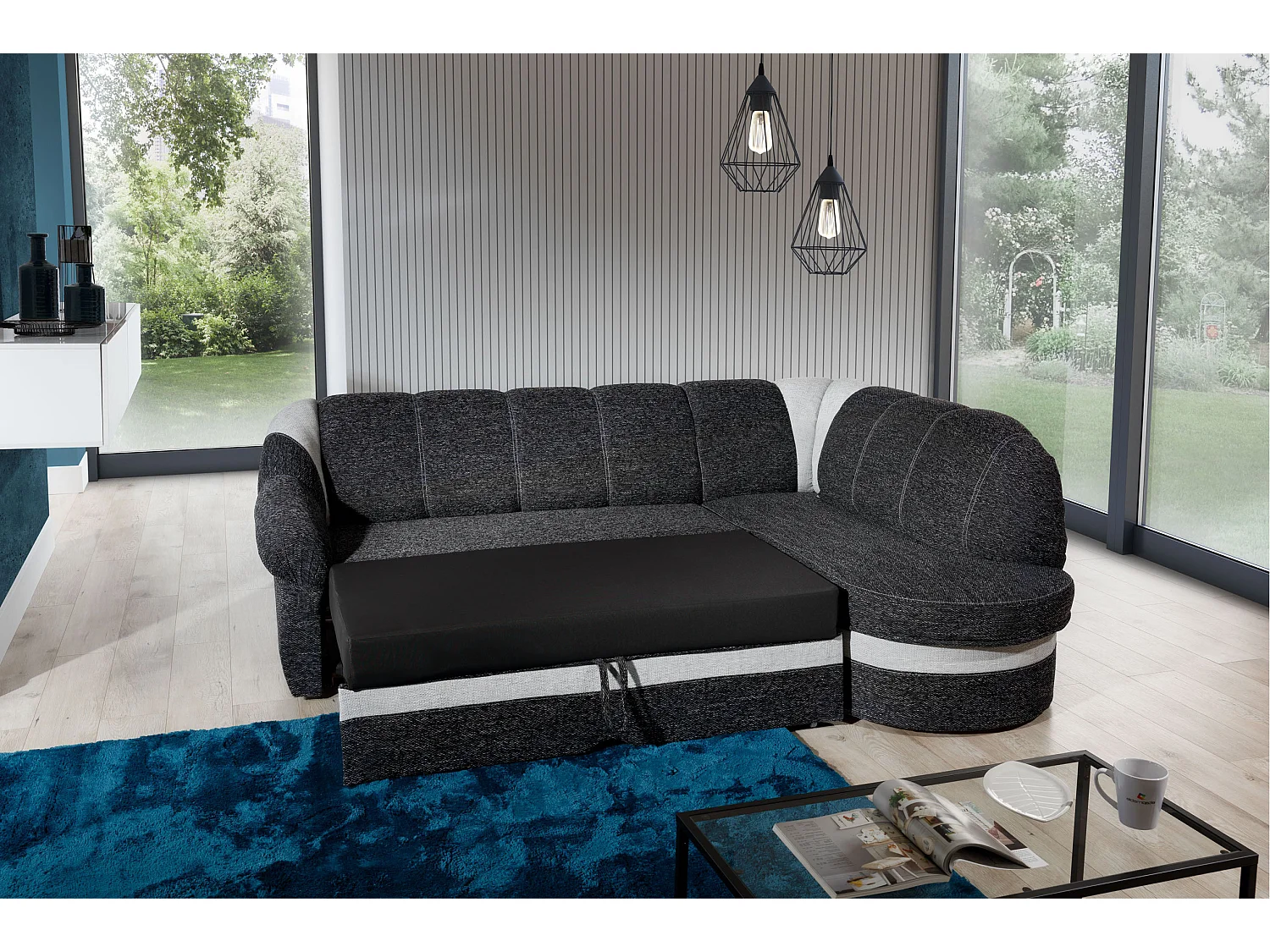 Canapé d'angle droit convertible velours bleu marine et gris clair Sundy 250cm