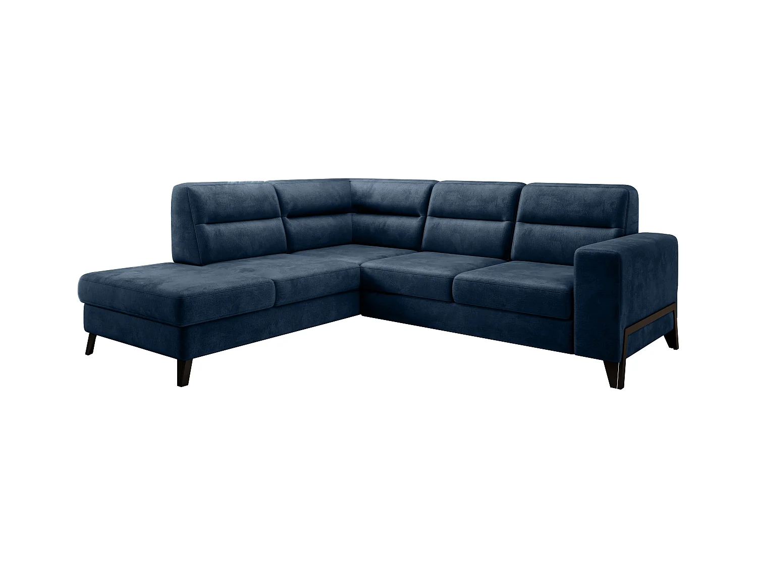 Canapé angle gauche convertible tissu doux bleu nuit et pieds acier noir Kassidi 277cm