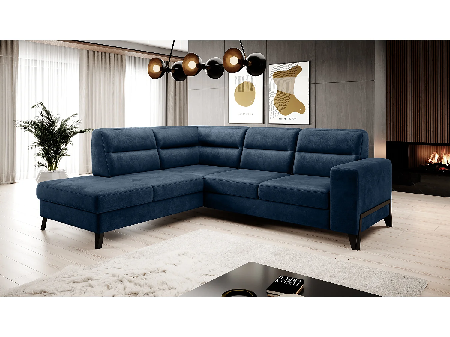 Canapé angle gauche convertible tissu doux bleu nuit et pieds acier noir Kassidi 277cm