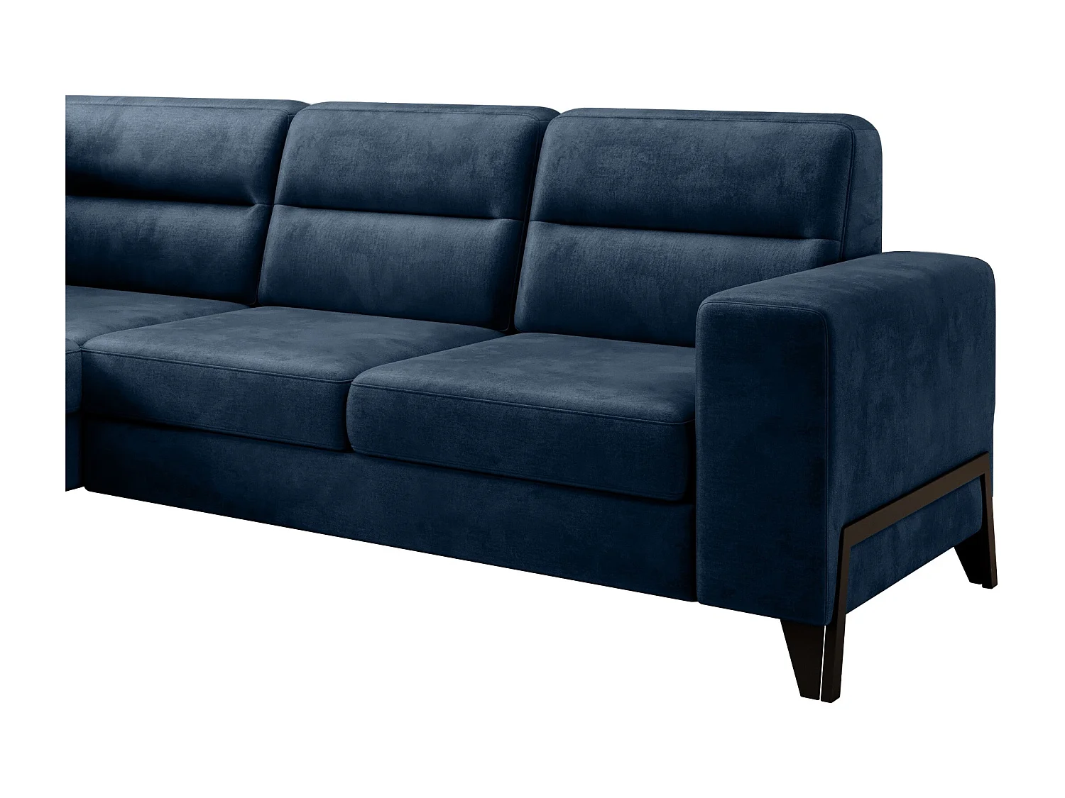 Canapé angle gauche convertible tissu doux bleu nuit et pieds acier noir Kassidi 277cm