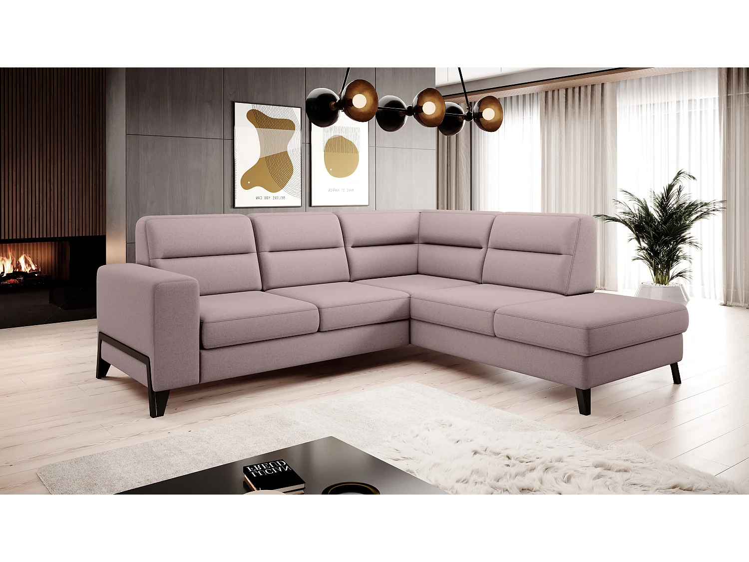 Canapé angle droit convertible tissu rose clair et pieds acier noir Kassidi 277cm