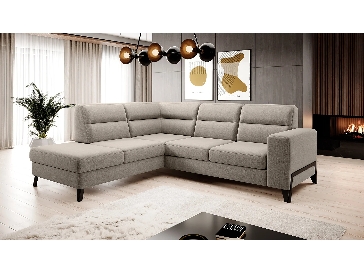 Converteerbare hoekbank links in beige stof en zwarte stalen poten Kassidi 277 cm